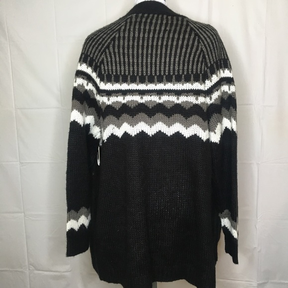 NWT Andrea Jovine Open Cardigan Sweater AJ Fair Isle Chevron Knit Black White XL - Picture 2 of 5